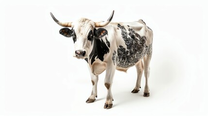 A beautiful cow stands in the field, looking at the camera. The cow is white with black spots and has long horns.