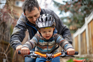 Fototapeta premium Learning to Ride, Father and Son Bike Adventure