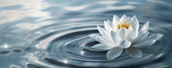 White lotus flower with rippling water circles, serene nature background. Zen and tranquility concept