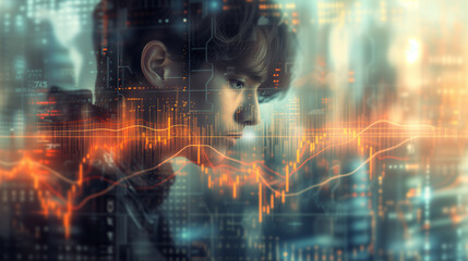 Fototapeta premium Double Exposure Portrait of a Person in Front of a Cityscape and Data