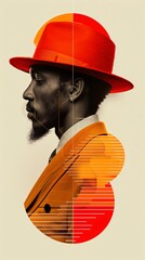 Portrait of a stylish african american black man wearing a red hat and orange suit, showcasing a modern and artistic retro concept with geometric shapes
