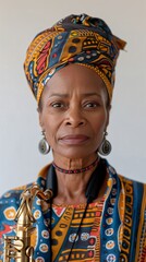 Obraz premium Confident senior african american woman in colorful headscarf plays saxophone in studio, exuding pride and skill, showcasing passion for jazz and blues music