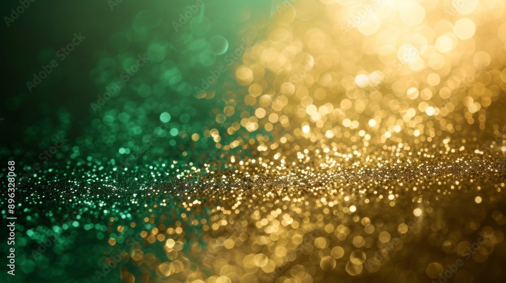 Poster abstract background with sparkling gold and green glitter creating a bokeh effect. ideal for festive