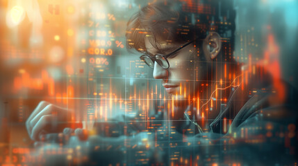 Man Analyzing Financial Data With Double Exposure Effect