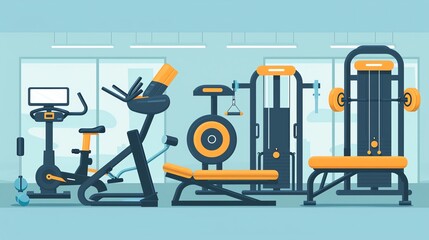 A well-equipped gym with various exercise machines. There are treadmills, ellipticals, weightlifting machines, and a bench press.
