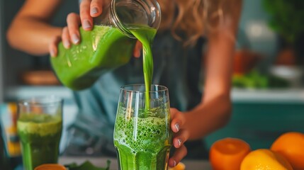 Pouring a healthy green smoothie from a glass jar into a glass. The smoothie is made with fresh spinach, kale, cucumber, and apple.