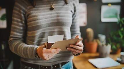 Obraz premium Thoughtful woman reading a letter while standing in a room with plants in the background.