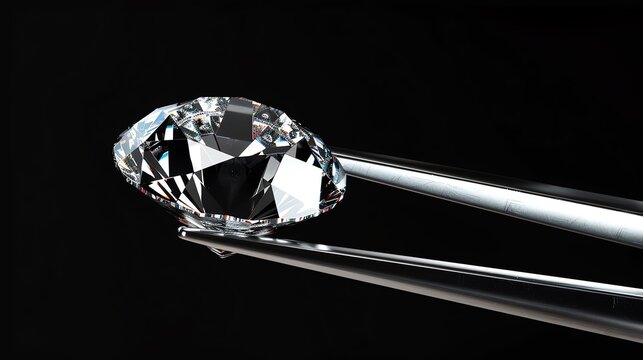 A beautiful diamond is held in a pair of tweezers. The diamond is round and has a brilliant cut.