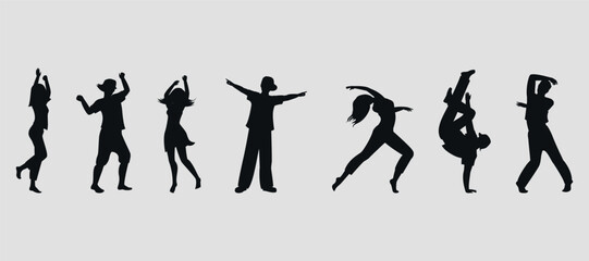 Set of black silhouettes of dancers. Vector on a gray background