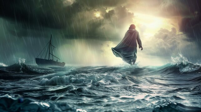 Jesus walks on water across the sea towards a boat during a storm. Biblical theme concept.