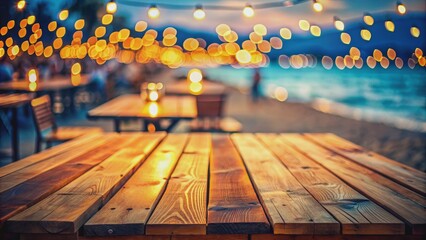 Wooden Table at Beachside Restaurant, Beach, Summer, Vacation, Sea