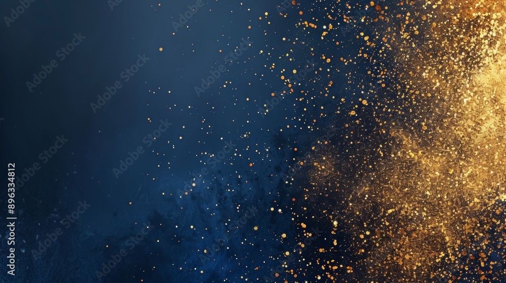 Poster abstract background with golden particles exploding from the right side on blue background, creating
