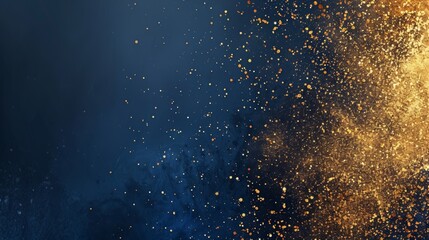 Fototapeta premium Abstract background with golden particles exploding from the right side on blue background, creating a stunning visual effect