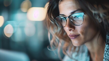 A person is working intently in a modern, dimly lit setting, with attention focused on a task, possibly on a computer or in an office environment, indicating concentration.