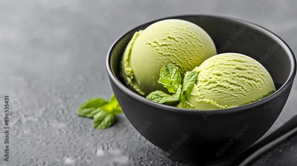 Poster green ice cream in the black bowl