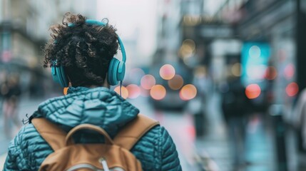 Obraz premium A person with curly hair is wearing a teal jacket and headphones, standing on a rainy city street with blurred colorful lights and people in the background.