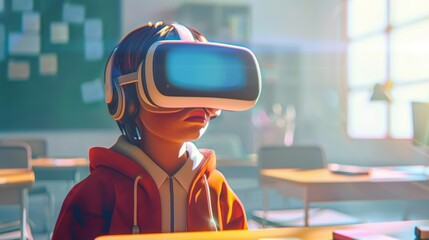 A student is immersed in a virtual reality experience in a classroom