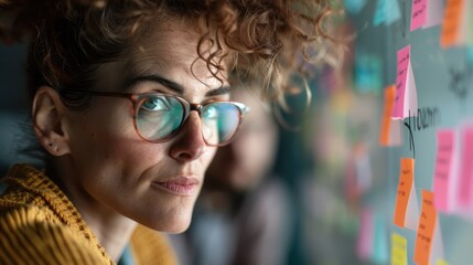 A person, partly visible, is intensely analyzing colorful sticky notes on a glass board, engaged deeply in planning, brainstorming, and organizing thoughts or strategies.