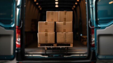 A delivery van equipped with a conveyor system loaded with multiple cardboard boxes ready for shipment, highlighting the organized and systematic nature of modern logistics and distribution.