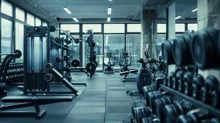 Fototapeta premium Gym with modern workout tools and weights neatly organized on racks.