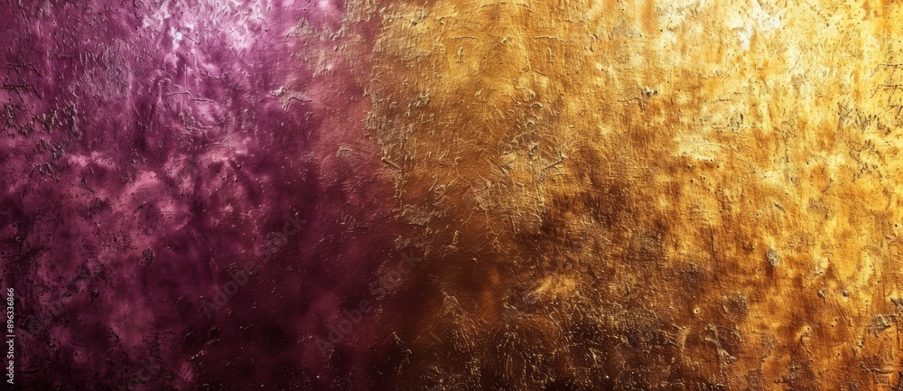 Aufkleber gold metallic paint is blending into purple metallic paint on a textured wall, creating an abstract 