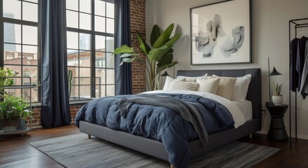 Obraz premium Modern Bedroom With Blue Bedding