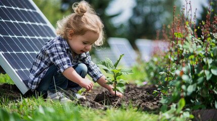 Child Planting Tree Next to Solar Panel