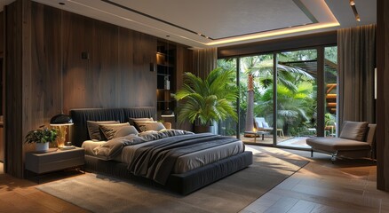 Fototapeta premium Modern Bedroom With Tropical View