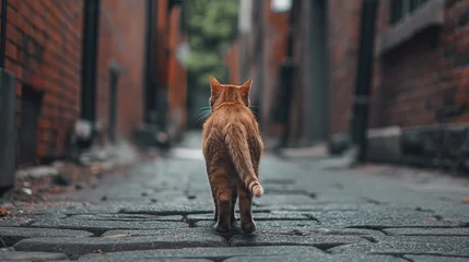 Orange Cat Walking Away in Narrow Alley