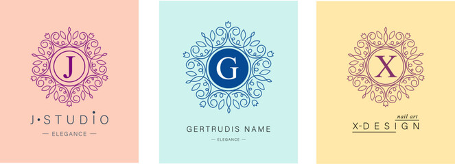 Bundle of Botanical Logos. Monogram of letters G, J, X. with Organic Plant Elements. Vector design. for beauty salon or art studio.