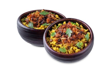 Fried onion lentil fried rice in a plate, moujadara on a white isolated background