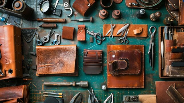 Top view of a leatheråŒ äºº's worktable with various leatherworking tools and materials.