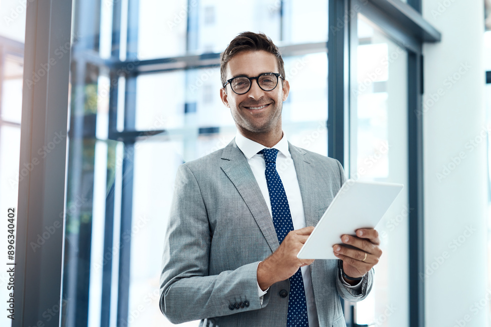 Poster portrait, businessman and internet with tablet in office for networking, risk assessment and audit p