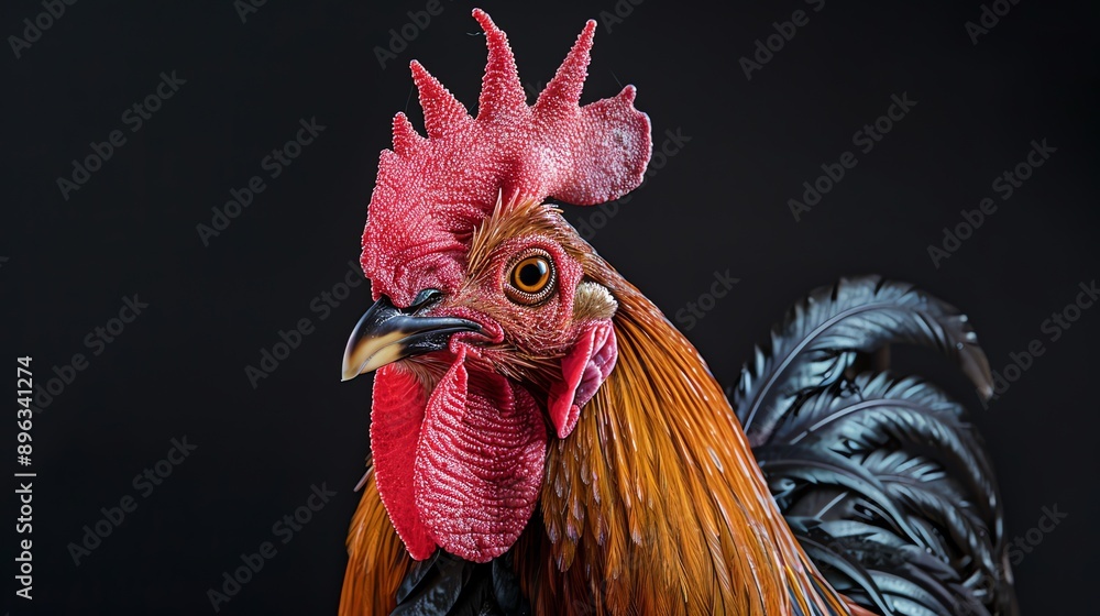 Poster a close-up of a rooster's head. the rooster has its feathers ruffled and is looking to the side. its