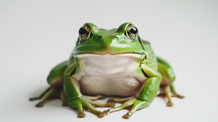 Obraz premium A cute green frog is sitting on a white background. The frog has big, round eyes and a wide mouth.