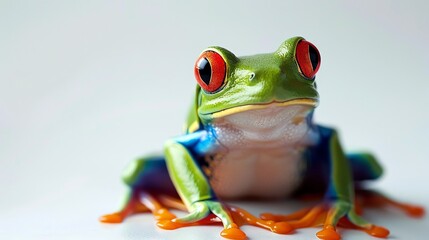 Fototapeta premium A vibrant green frog with bright red eyes is sitting on a white surface. The frog is looking at the camera with a curious expression.
