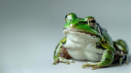 A green frog sits on a white surface. The frog is looking at the camera. The frog has bright green skin with black and yellow markings.