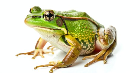 Obraz premium A green frog with black and yellow stripes on its back is sitting on a white background. The frog is looking at the camera with its big, round eyes.