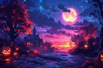 Halloween themed scene with pumpkins castles and magic sky