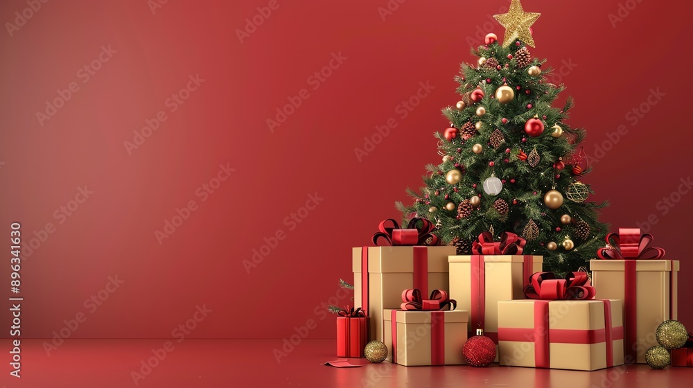 Poster this is a photo of a decorated christmas tree with presents under it. the tree is in front of a red 
