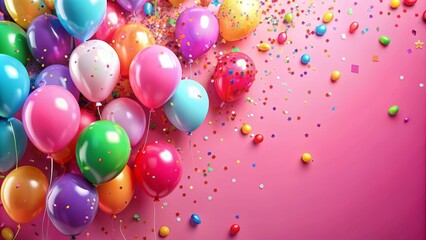 A Cluster of Colorful Balloons and Confetti on a Pink Background, Balloons, Confetti, Pink Background, Party Decoration