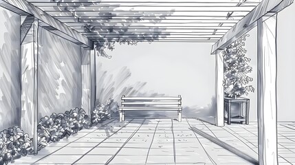 Linear architectural sketch: Pergola with bench