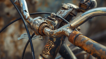 Close-up of a vintage bicycle's gears and handlebars, capturing rusted metal and worn leather