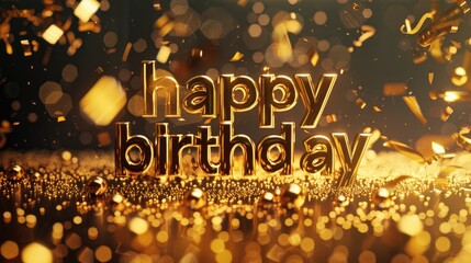 golden happy birthday text on festive gold background , celebratory, party card, birthday greetings, events poster, birthday celebration.