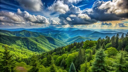 Obraz premium A Majestic View of the Smoky Mountains, Captured from a High Vantage Point, Revealing Layers of Verdant Foliage and Dramatic Clouds, mountain, forest, nature, landscape