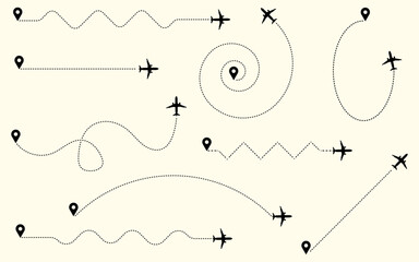 Aeroplane flight path from location to destination route silhouette vector illustration clipart graphic line travel airline map track aviation trip business fly start end point abstract background
