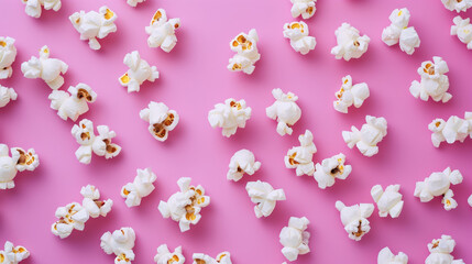 Fototapeta premium Popcorn scattered on pink background, colorful