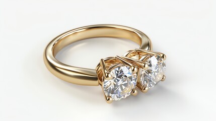 This is a beautiful image of a gold ring with two diamonds on a white background. The ring is made of 14k gold and the diamonds are each 1 carat.