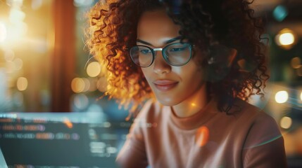 Female computer programmer writing code / futuristic hologram / augmented reality concept