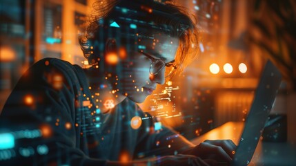 Male computer programmer writing code / futuristic hologram / augmented reality concept